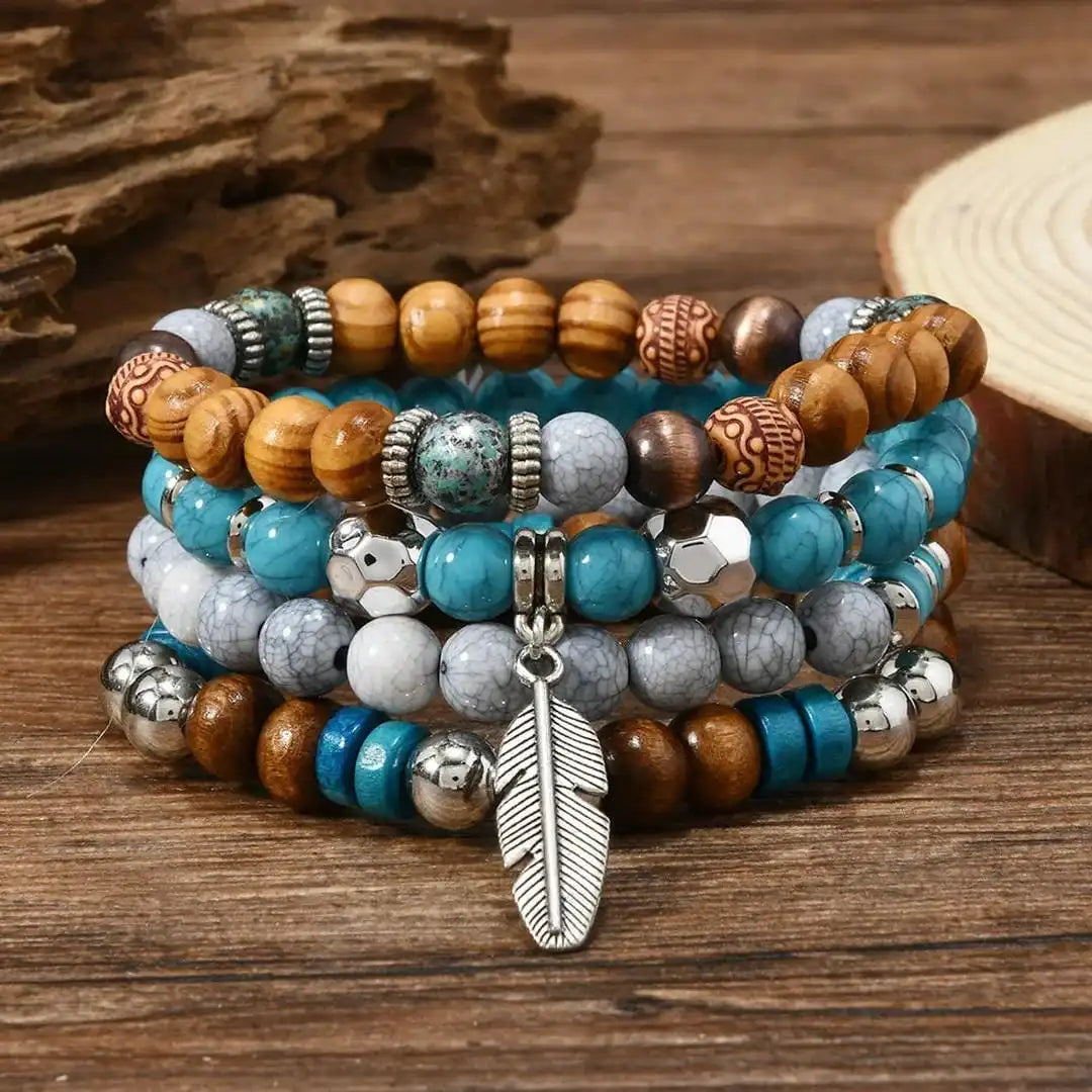 Renee | Bead and Feather Bracelet Stack